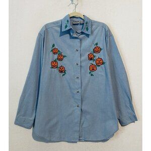 Falls Creek Top Womens 18W Blue Chambray Embroidered Jack O Lanterns Halloween